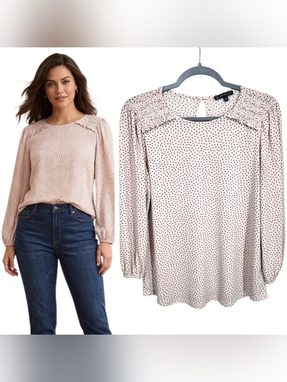 Adrianna Papell Blush Pink Smocked Shoulder Heart Print Long Sleeve Blouse M
